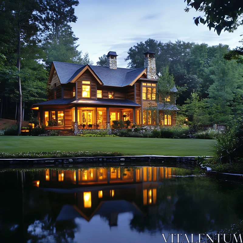 Rustic House with Glowing Lights by a Lake AI Image