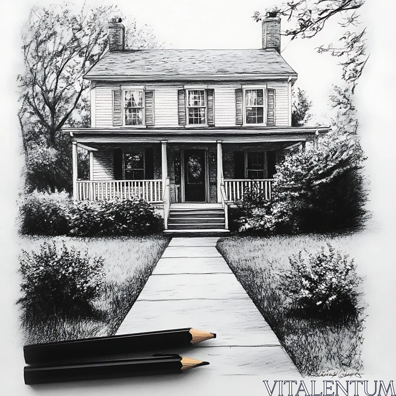 Detailed Pencil Drawing of Residential House AI Image