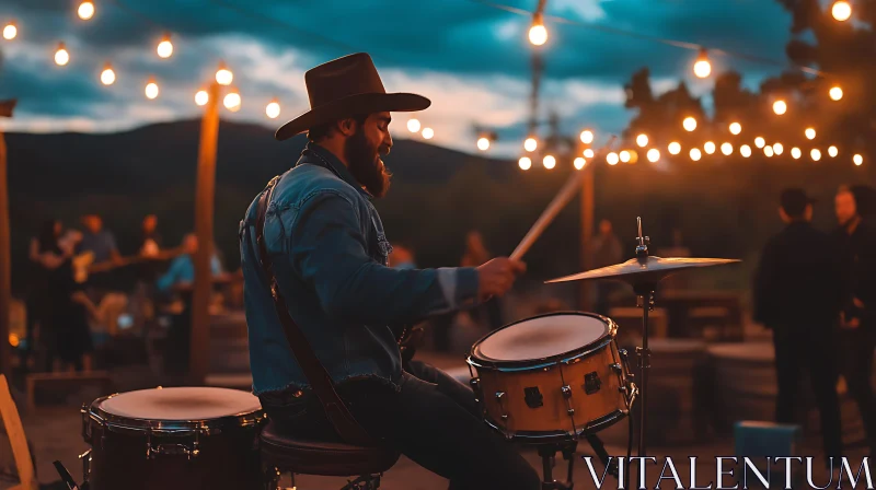 Musician Playing Drums Outdoors at Night AI Image