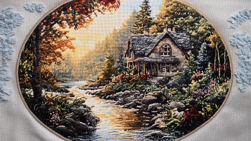 Embroidery of a Cozy River Cottage in Autumn