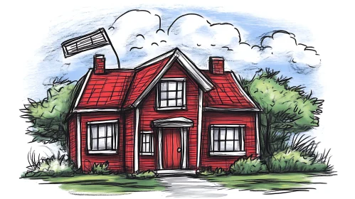 Whimsical Red Cottage Illustration