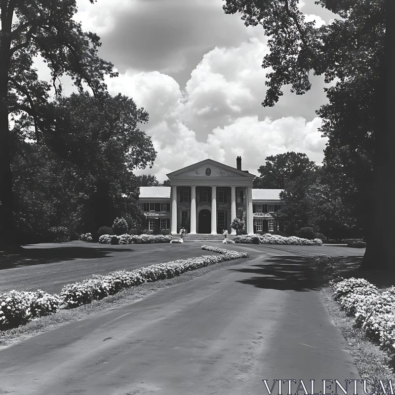 AI ART Majestic Colonial Mansion with Flower-Lined Driveway