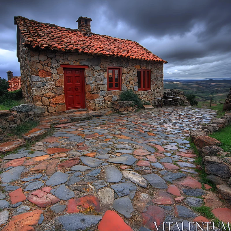 AI ART Cozy Stone House with Red-Tiled Roof