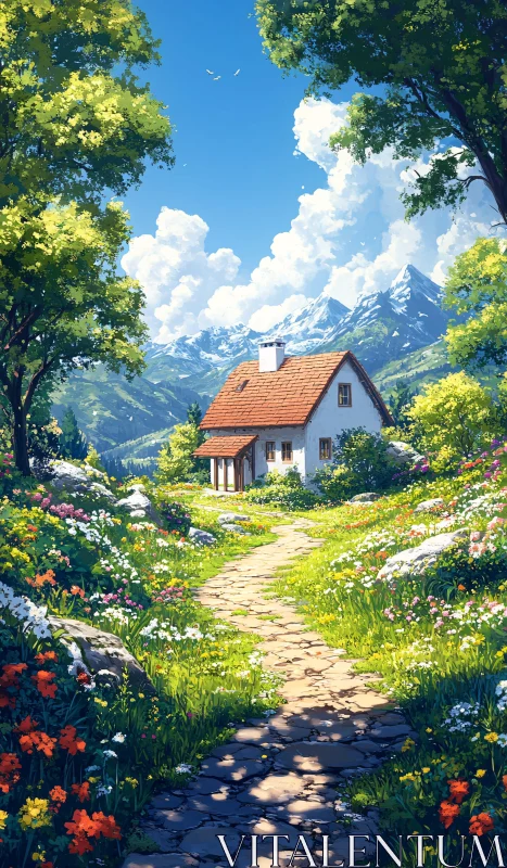 Idyllic Mountain Cottage with Pathway AI Image