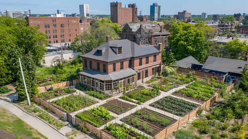 Aerial View of Historic House with Urban Garden