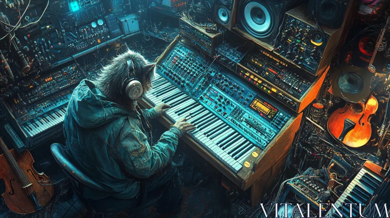 Futuristic Music Studio with Wolf-Headed Figure AI Image