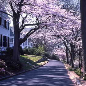 Quiet Suburban Street Under Cherry Blossoms