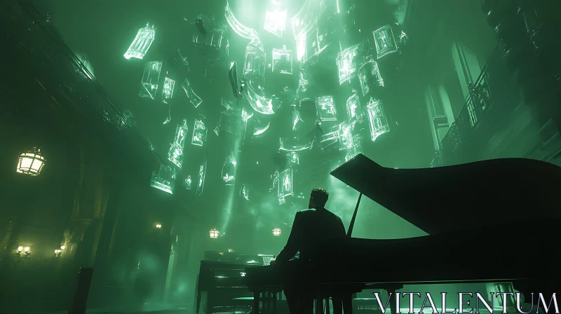 Ethereal Piano Scene with Green Light and Floating Items AI Image