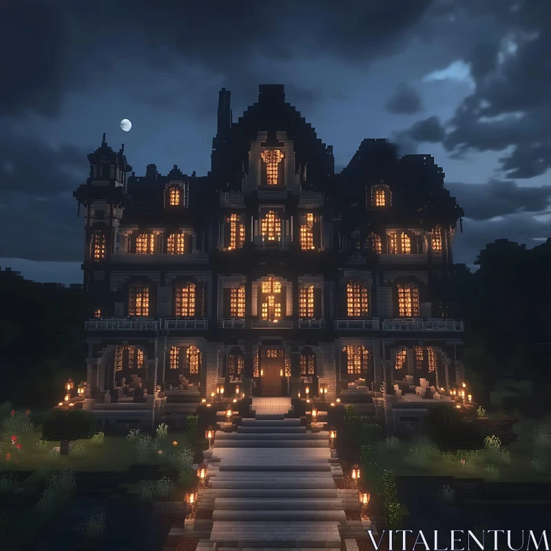 AI ART Illuminated Gothic Mansion Under Moonlit Sky