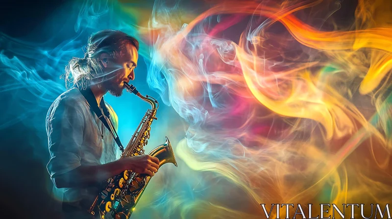 Musician Playing Saxophone Surrounded by Colorful Smoke AI Image