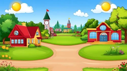 Playful Cartoon Village with Lush Nature and Colorful Homes