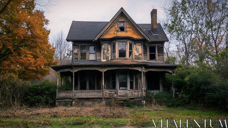 Spooky Dilapidated Victorian Mansion in Overgrown Surroundings AI Image