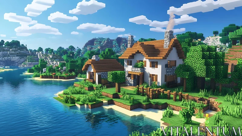 AI ART Pixelated Cottage Landscape with Lake