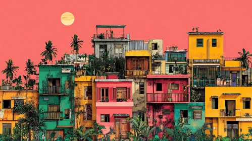 Vibrant Buildings Under a Tropical Sunset