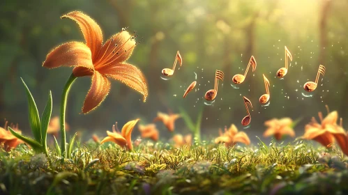 Magical Orange Flower with Floating Musical Notes