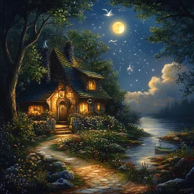 Fairytale Cottage in Moonlit Forest