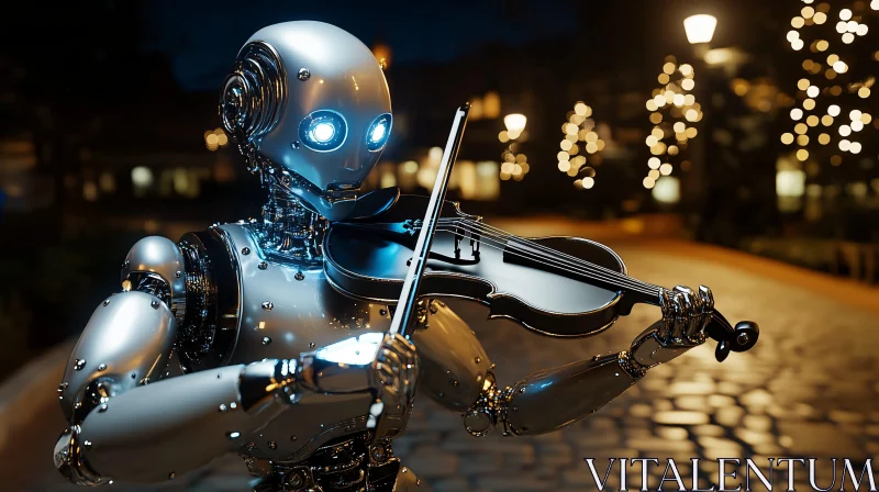 Mechanical Violinist in a Nighttime Setting AI Image