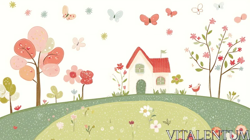 Charming Cartoon Landscape with House and Butterflies AI Image