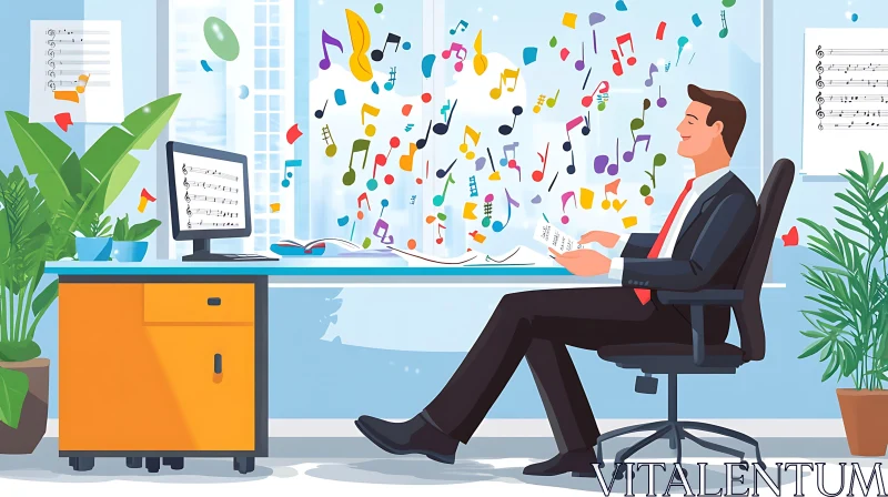 AI ART Office Scene with Musical Notes and Relaxed Man