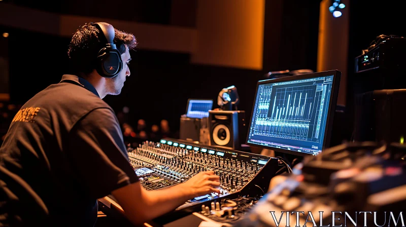 Audio Engineer Operating Mixing Console in Studio AI Image