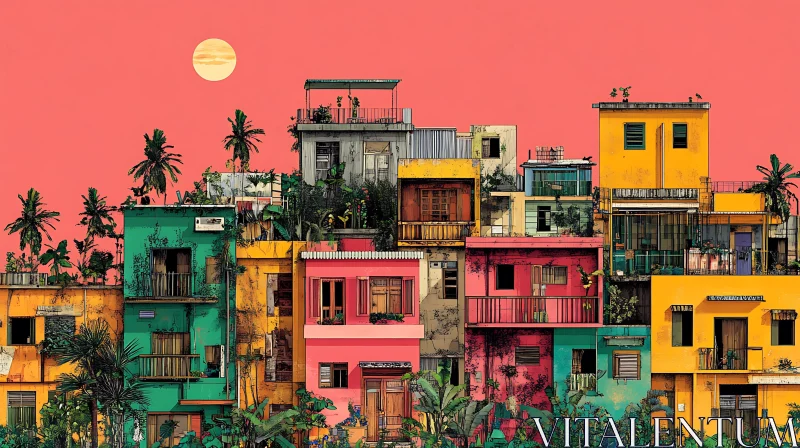 AI ART Vibrant Buildings Under a Tropical Sunset