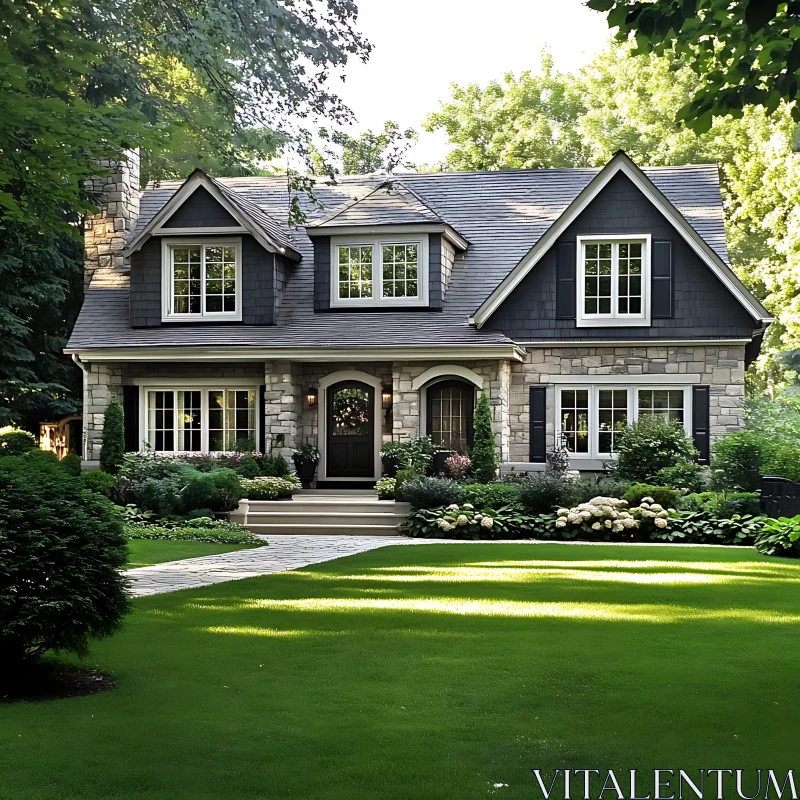 Picturesque Stone House with Gable Roofs and Manicured Garden AI Image