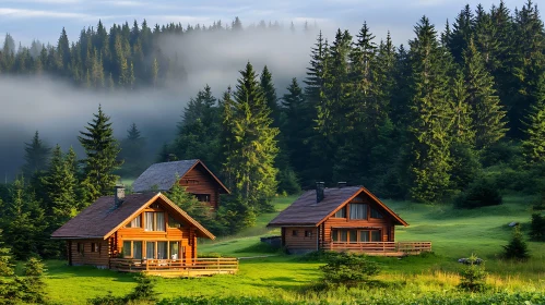 Misty Forest with Wooden Cabins