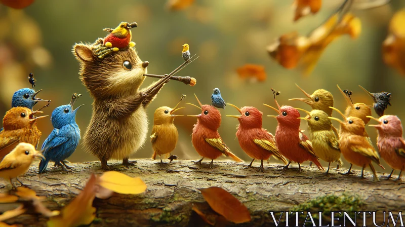 Adorable Furball Conducting Colorful Bird Choir AI Image