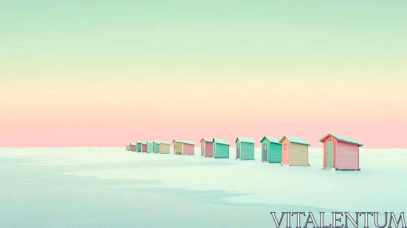 Colorful Pastel Cabins on Snowy Landscape AI Image