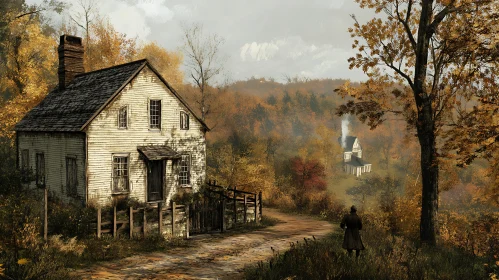 Vintage Cottage Surrounded by Autumn Leaves