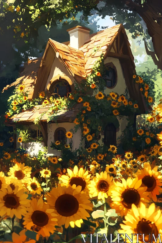 Rustic Cottage in Sunflower Field AI Image