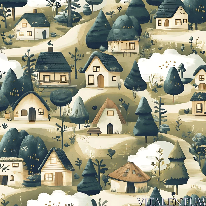 Serene Village with Picturesque Cottages and Landscape AI Image