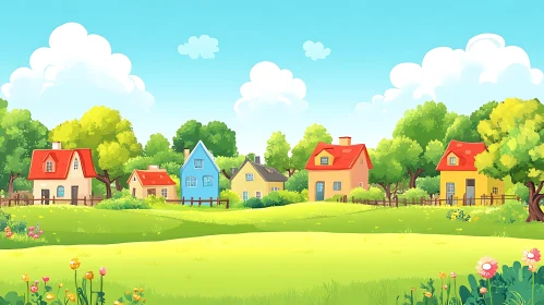 Vibrant Cartoon Village Landscape