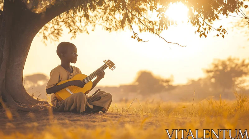 Serene Moment: Child with Guitar in Nature AI Image