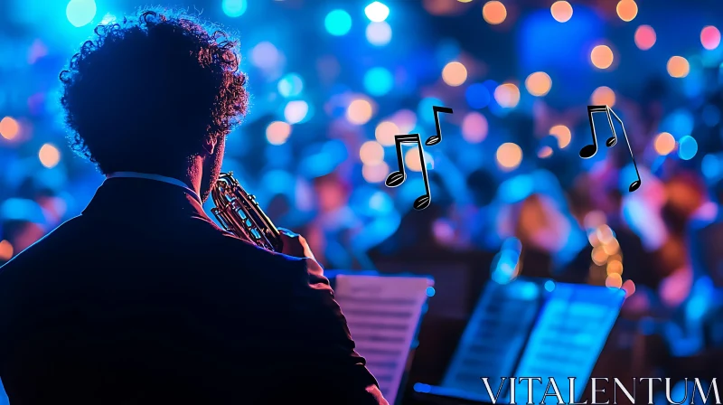 Trumpet Player in Concert with Colorful Bokeh Lights AI Image