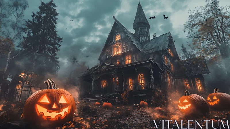 Spooky Haunted House and Glowing Pumpkins AI Image