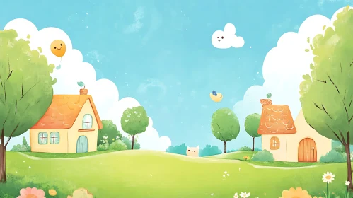 Whimsical Countryside Cartoon with Happy Clouds