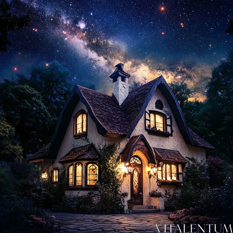 Fairytale Cottage in a Forest at Night AI Image