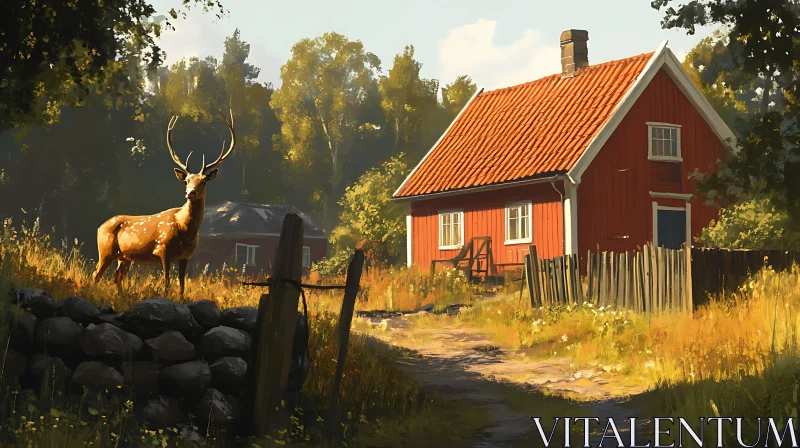 Red Cabin in Serene Forest with Deer AI Image