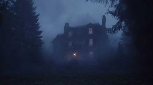 Spooky Night Mansion in Fog