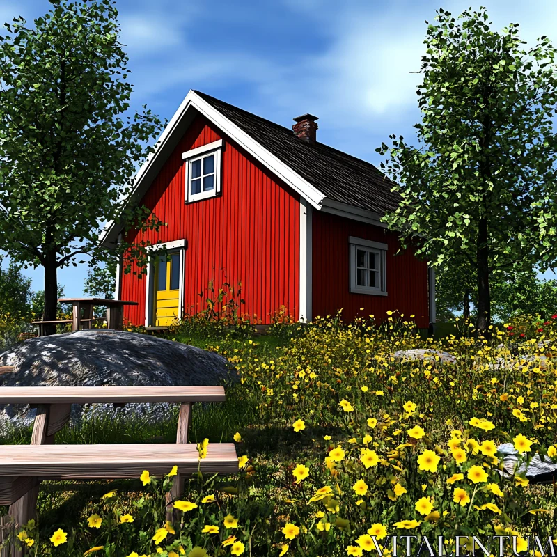 AI ART Serene Red Cottage among Blooming Yellow Flowers