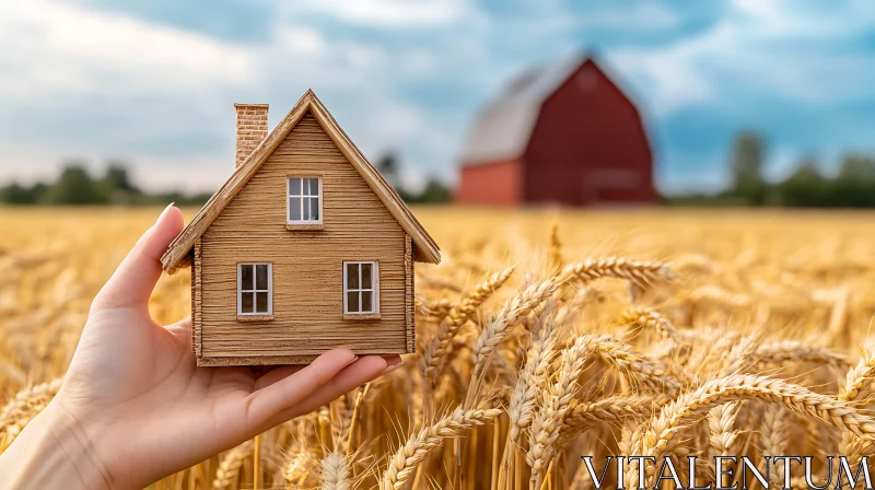 Tiny House in a Hand with Golden Wheat and Barn Background AI Image