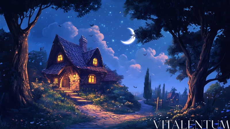 AI ART Mystical Night Cottage Illustration