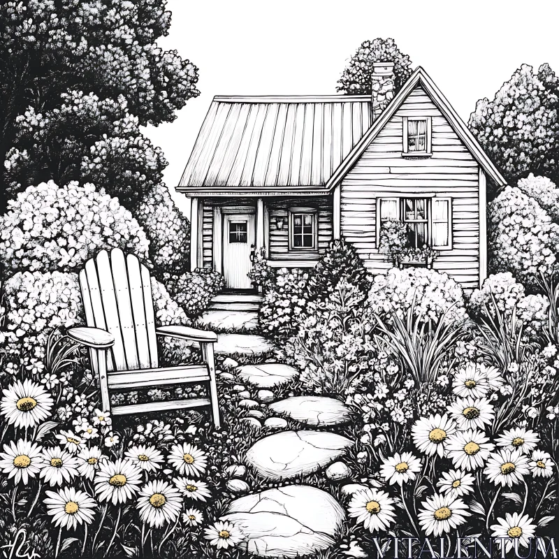 Monochrome Cottage and Garden Scene AI Image