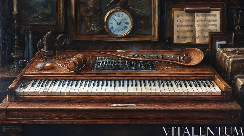 Antique Piano with Old Musical Instruments and Decor AI Image