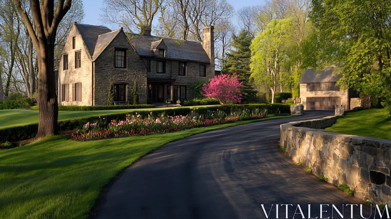 Elegant Estate Surrounded by Spring Blooms and Towering Trees AI Image