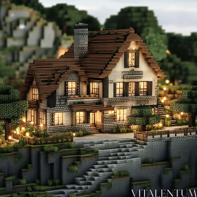 Pixelated Cottage with Warm Lights in a Natural Setting AI Image