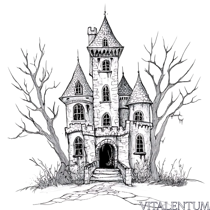 Spooky Castle Drawing with Barren Trees AI Image