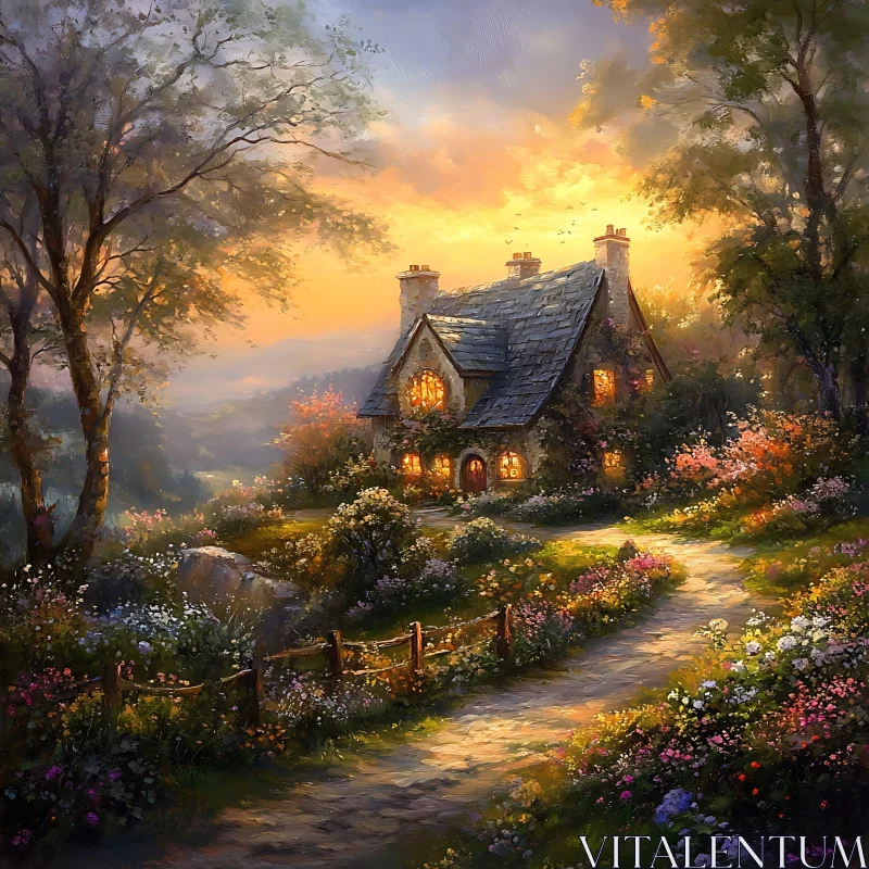 Enchanted Cottage in Glowing Garden at Dusk AI Image