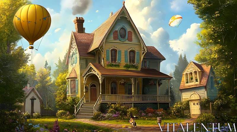 Whimsical Cottage with Garden and Balloon AI Image